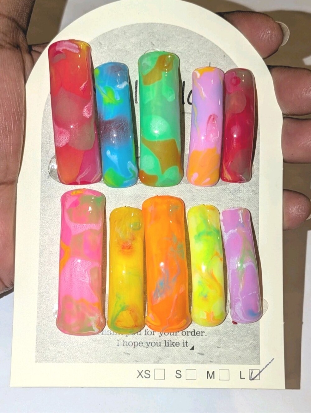 Hand Crafted 2Xl Curved Acrylic Colorful Marbled Press-On Nail Set Sz Large